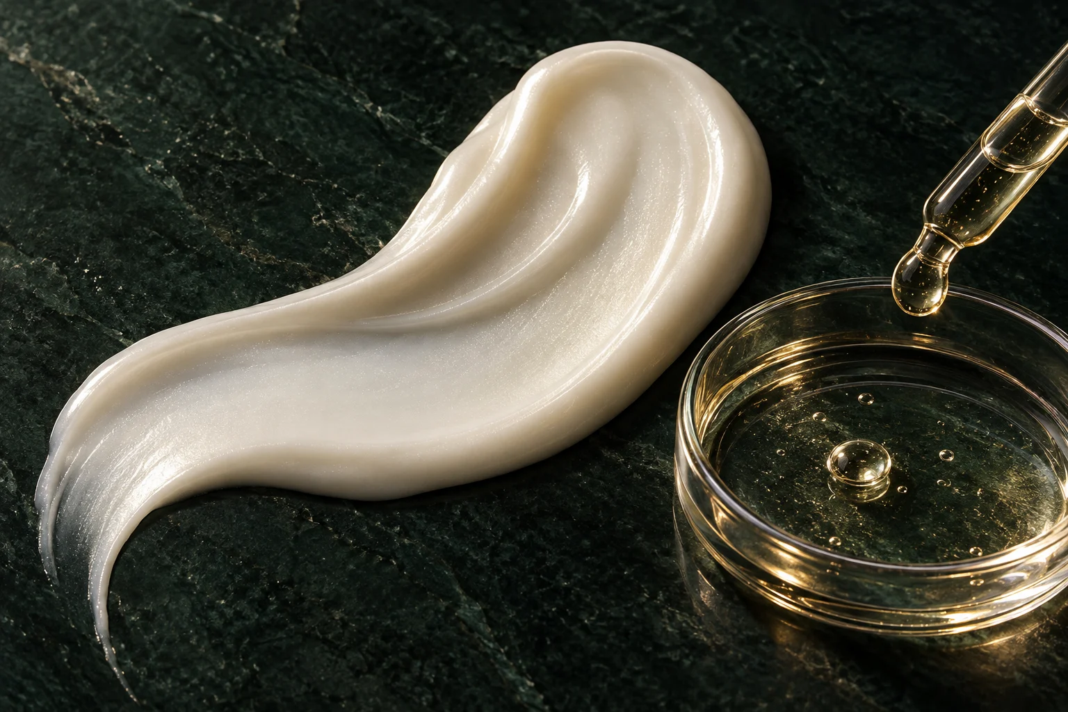 Artistic concept of a pearlescent cream swatch, glass pipette and serum on dark stone